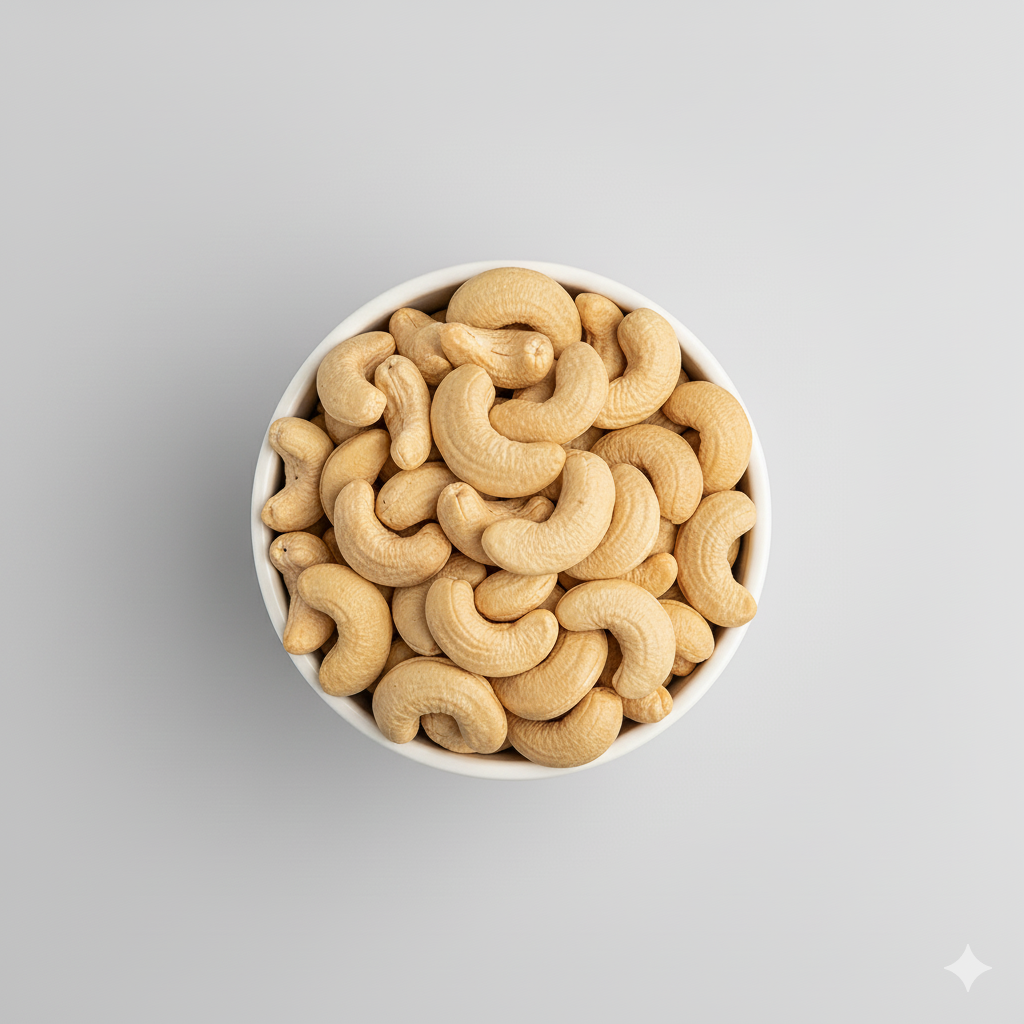 White bowl filled with cashews on a gray background