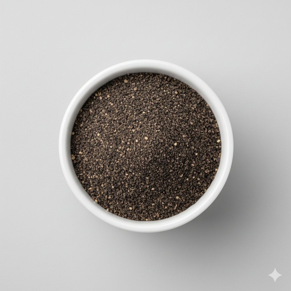 White bowl filled with black pepper seeds on a gray background